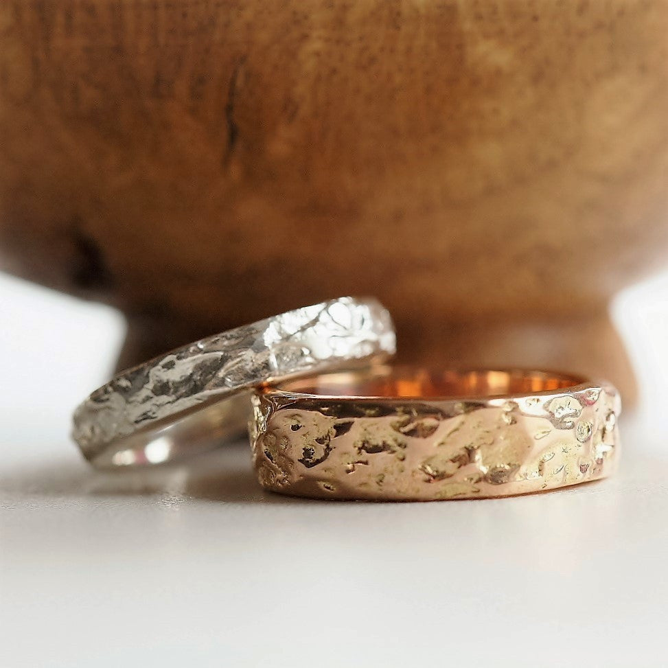 Solid gold and silver Treasure textured designer wedding rings