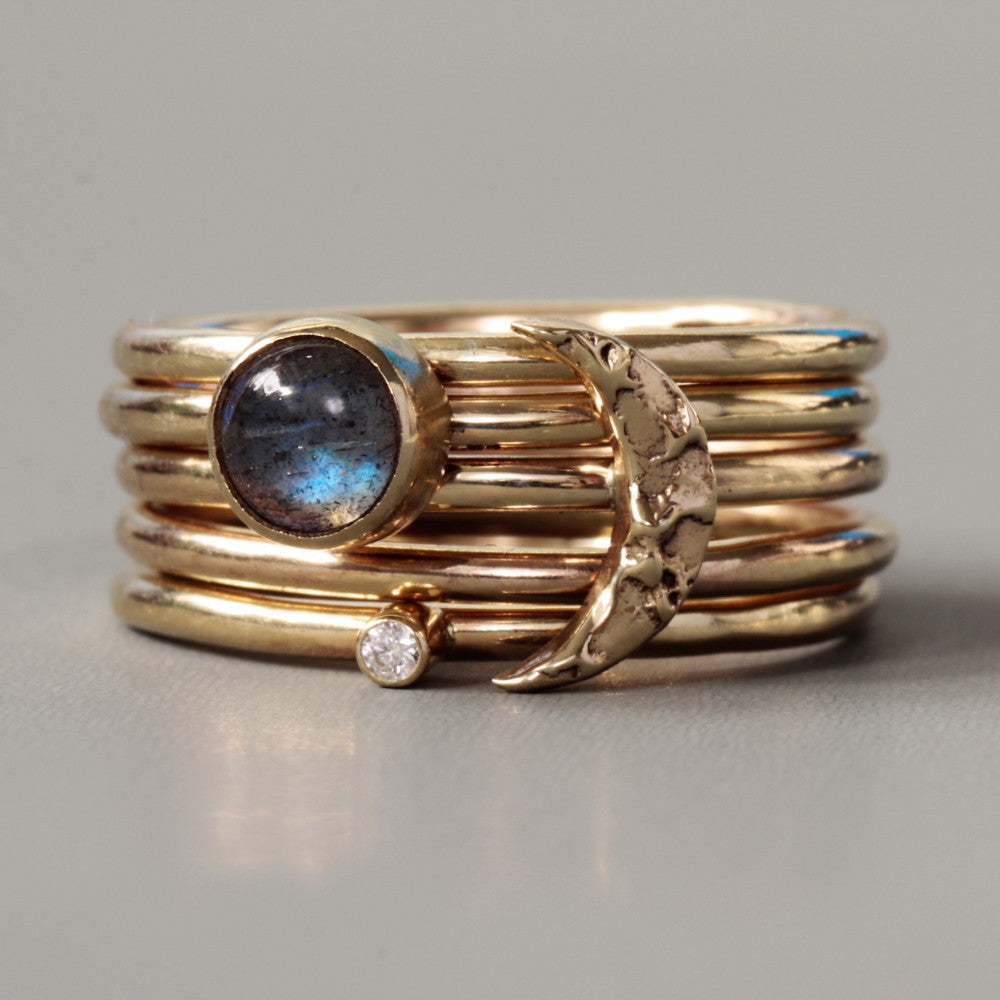 Textured gold moon with our other Universe handmade rings.