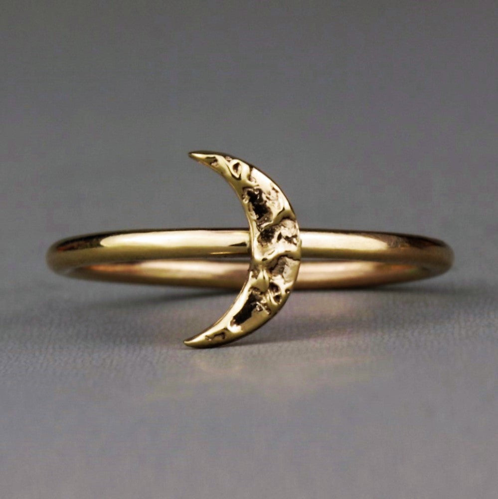 Solid gold textured stackable moon ring
