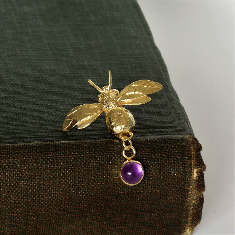 February birthstone Amethyst bumblebee yellow gold brooch pin