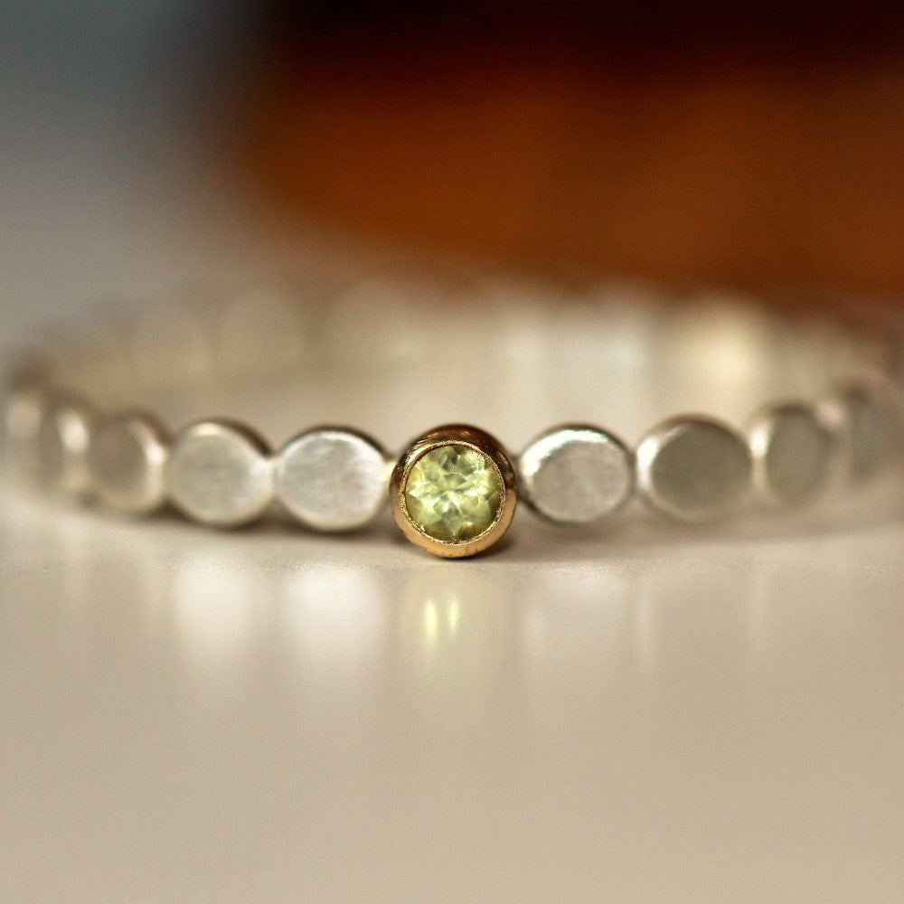 August Peridot birthstone silver and gold pebble ring