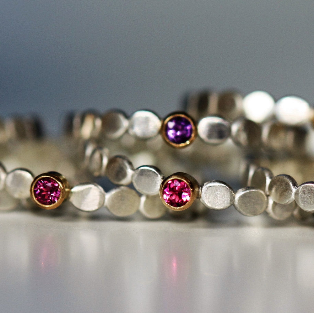 delicate silver and gold designer gemstone stacking rings