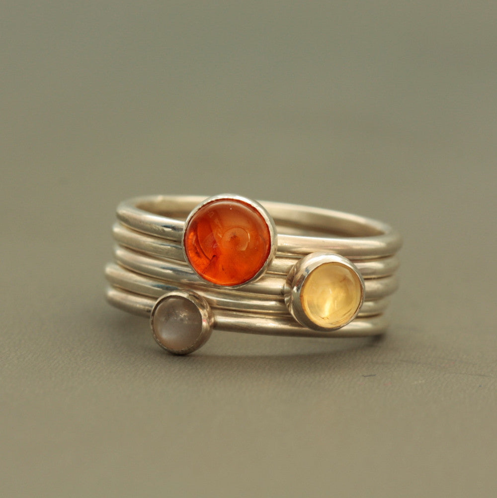 Sunrise citrine, moonstone and amber silver stacking rings