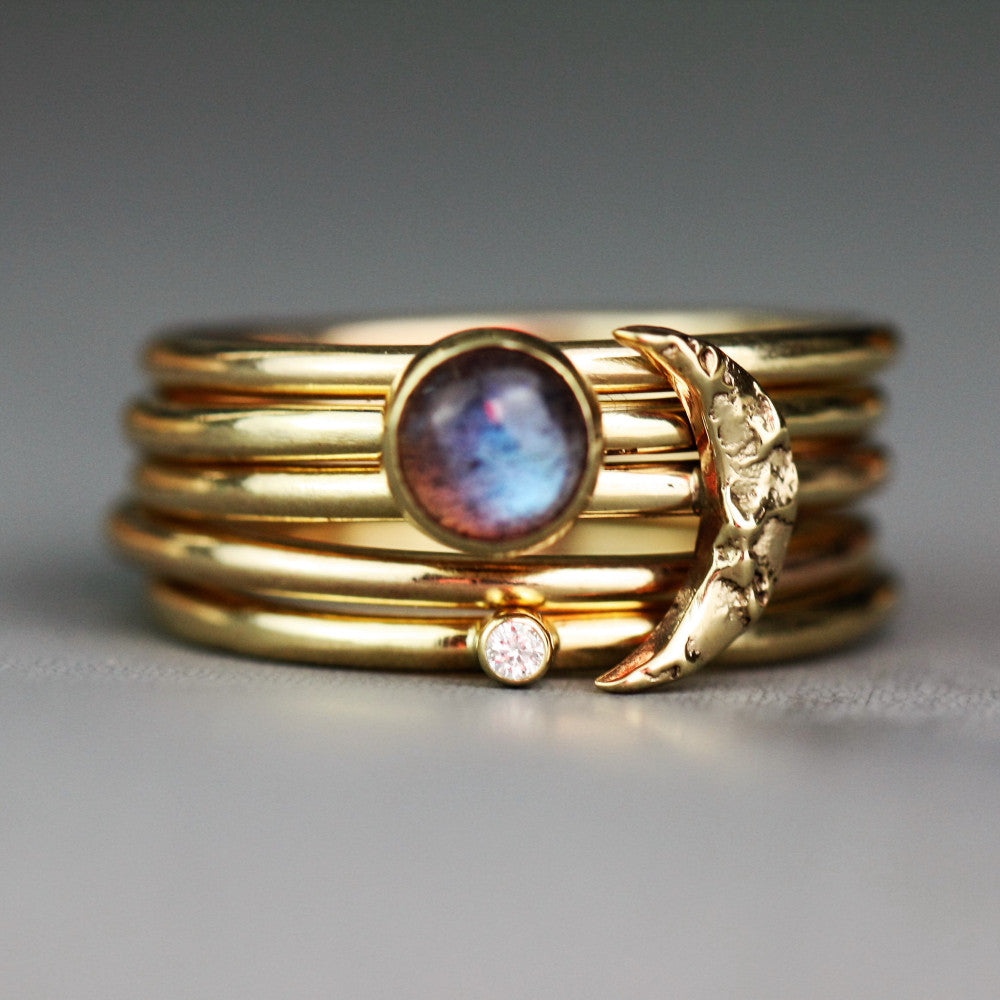 Universe solid gold full stacking ring labradorite diamond and textured moon with two spacer rings