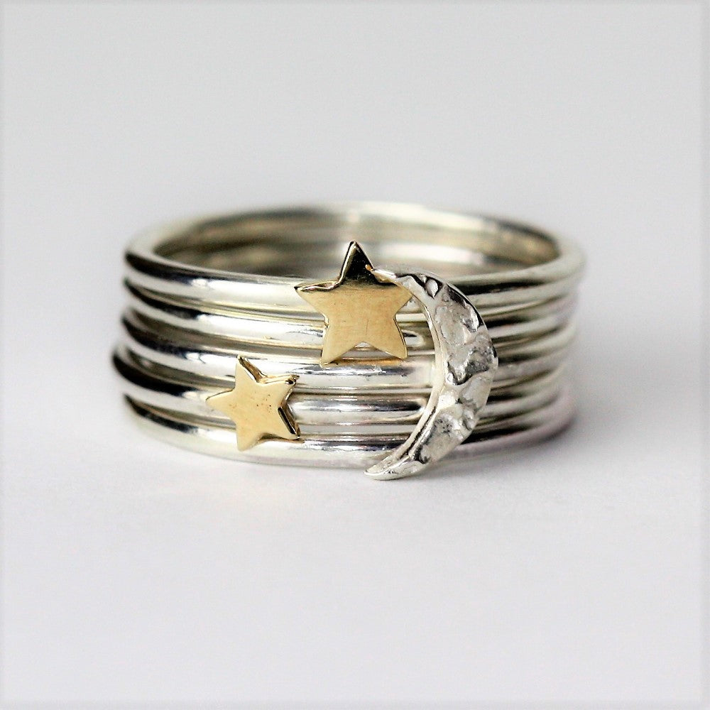 Gold star sterling silver moon stacking ring set 