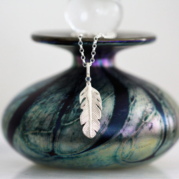 Sapphire Birthstone Silver Feather Necklace