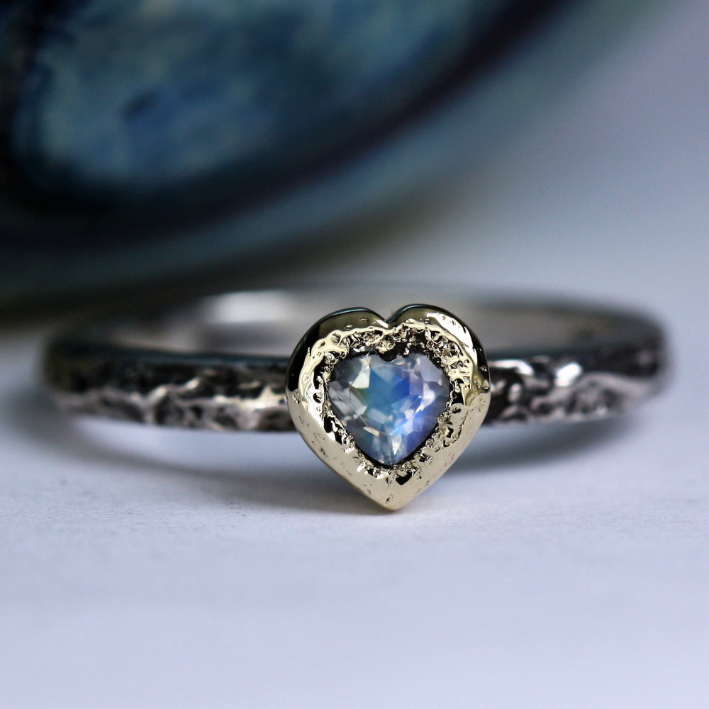 Moonstone June Birthstone silver and gold textured Oxidized Ring