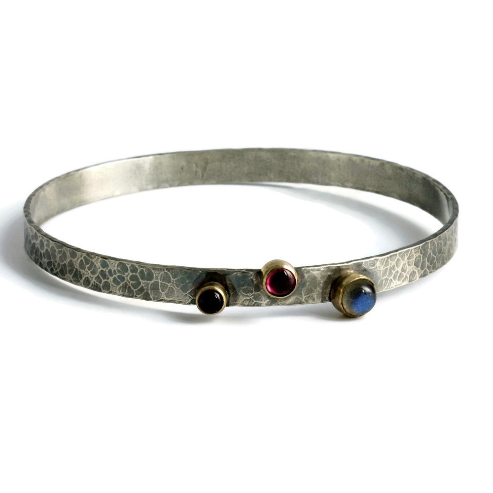 blossom hammered labradorite, amethyst and pink tourmaline silver and gold rustic bangle