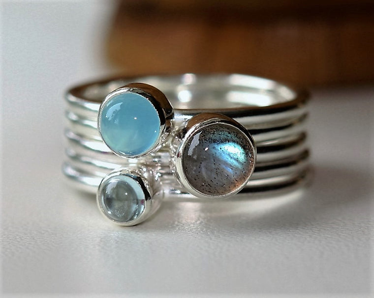 Sterling silver sea breeze stacking ring featuring Labradorite Blue Chalcedony and Aquamarine cabochons