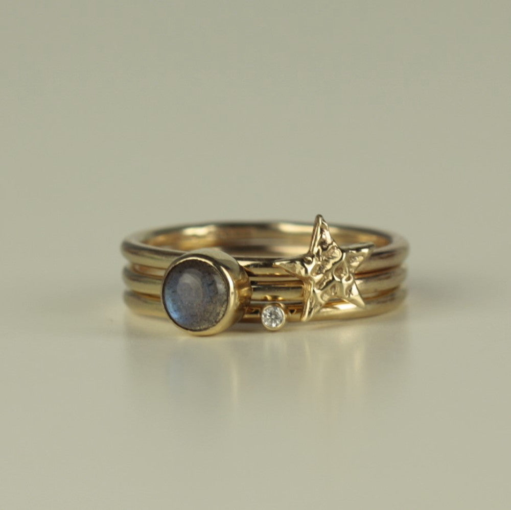 luxury diamond star and magical labradorite solid gold stacking 