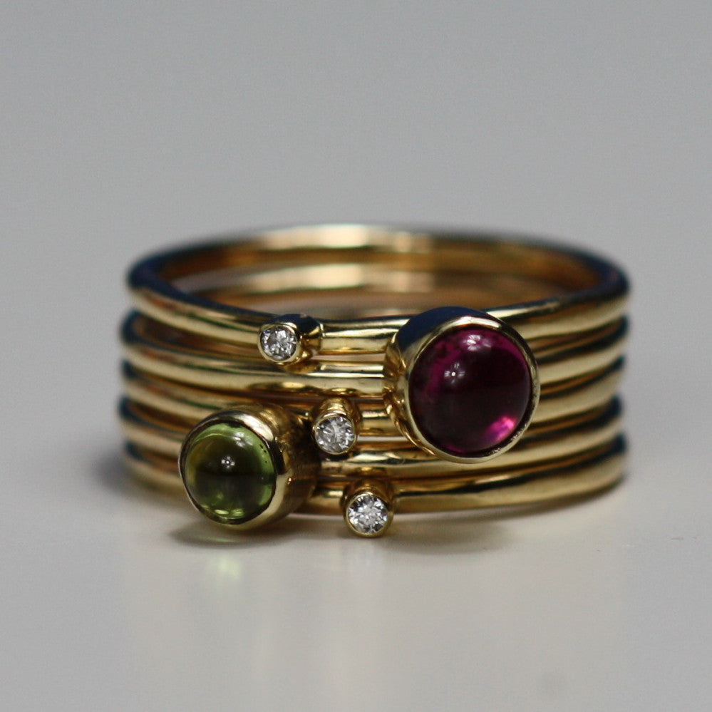 solid gold diamond and pink tourmaline wild flower stacking rings