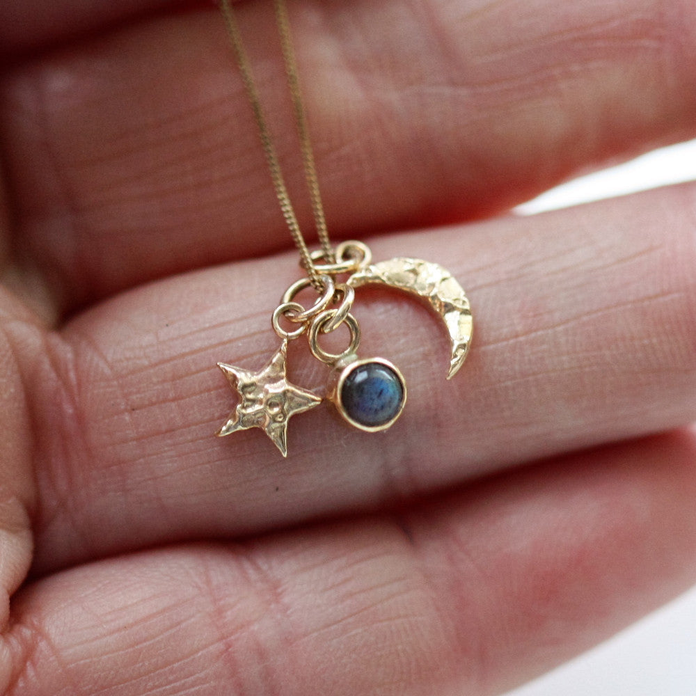 textured gold moon, gold star and labradorite charm necklace