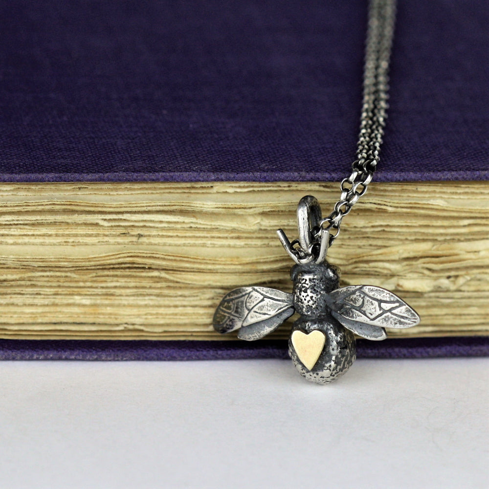 bee and solid gold heart necklace
