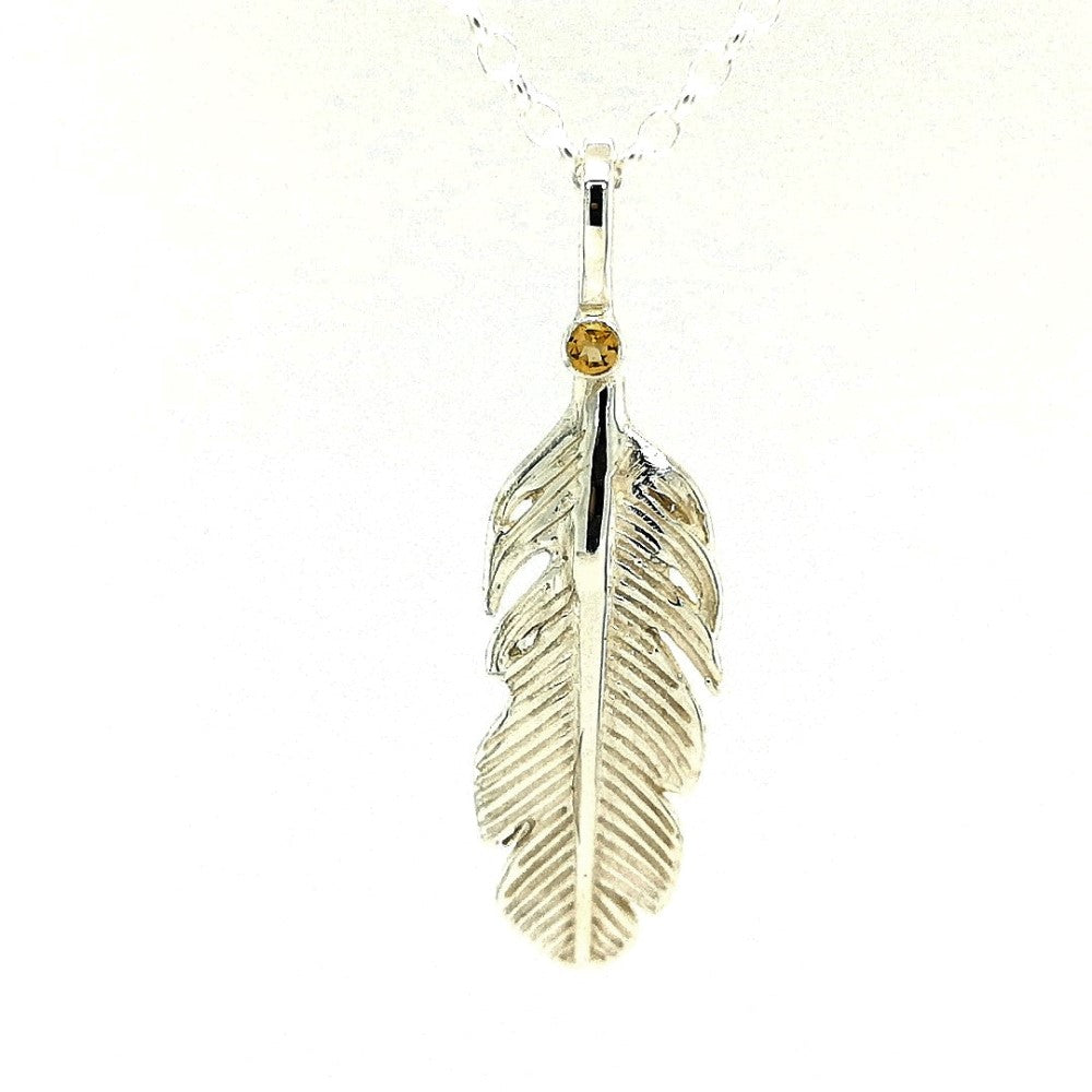 Citrine birthstone silver angel feather necklace