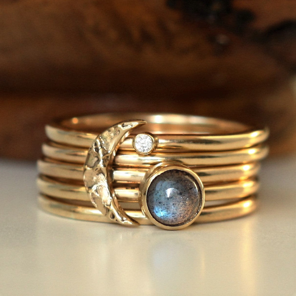 Gold Crescent and gemstone stacking rings
