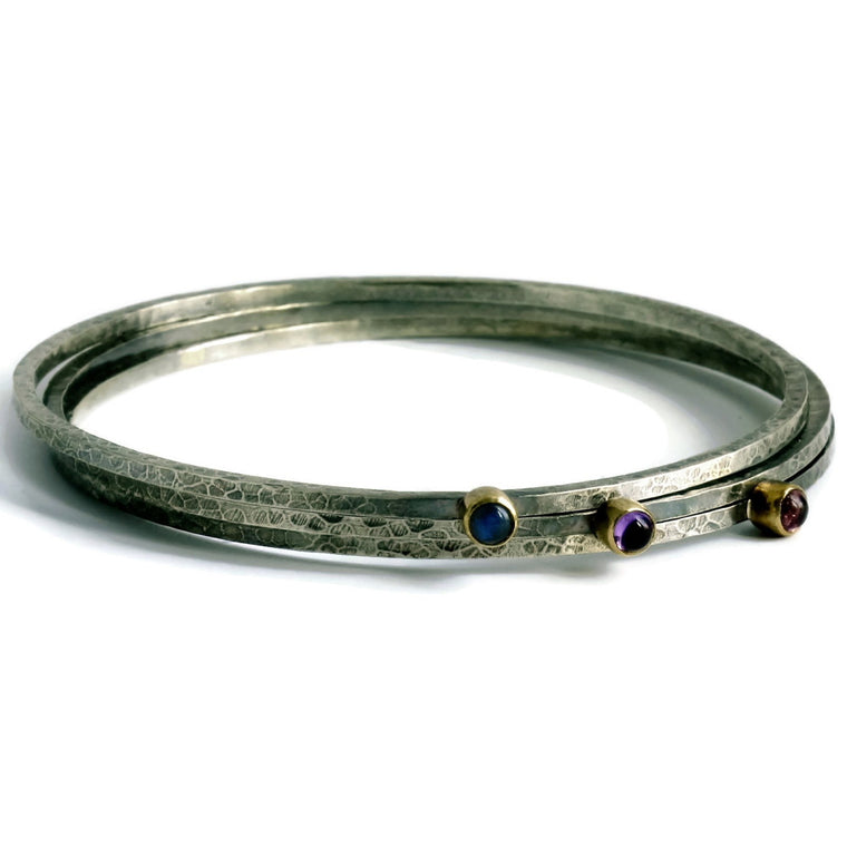 labradorite, pink tourmaline and amethyst blossom silver and gold rustic stacking bangles