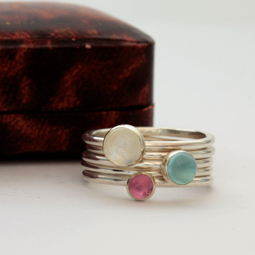 Moonstone, Pink Tourmaline and Chalcedony Stacking Rings