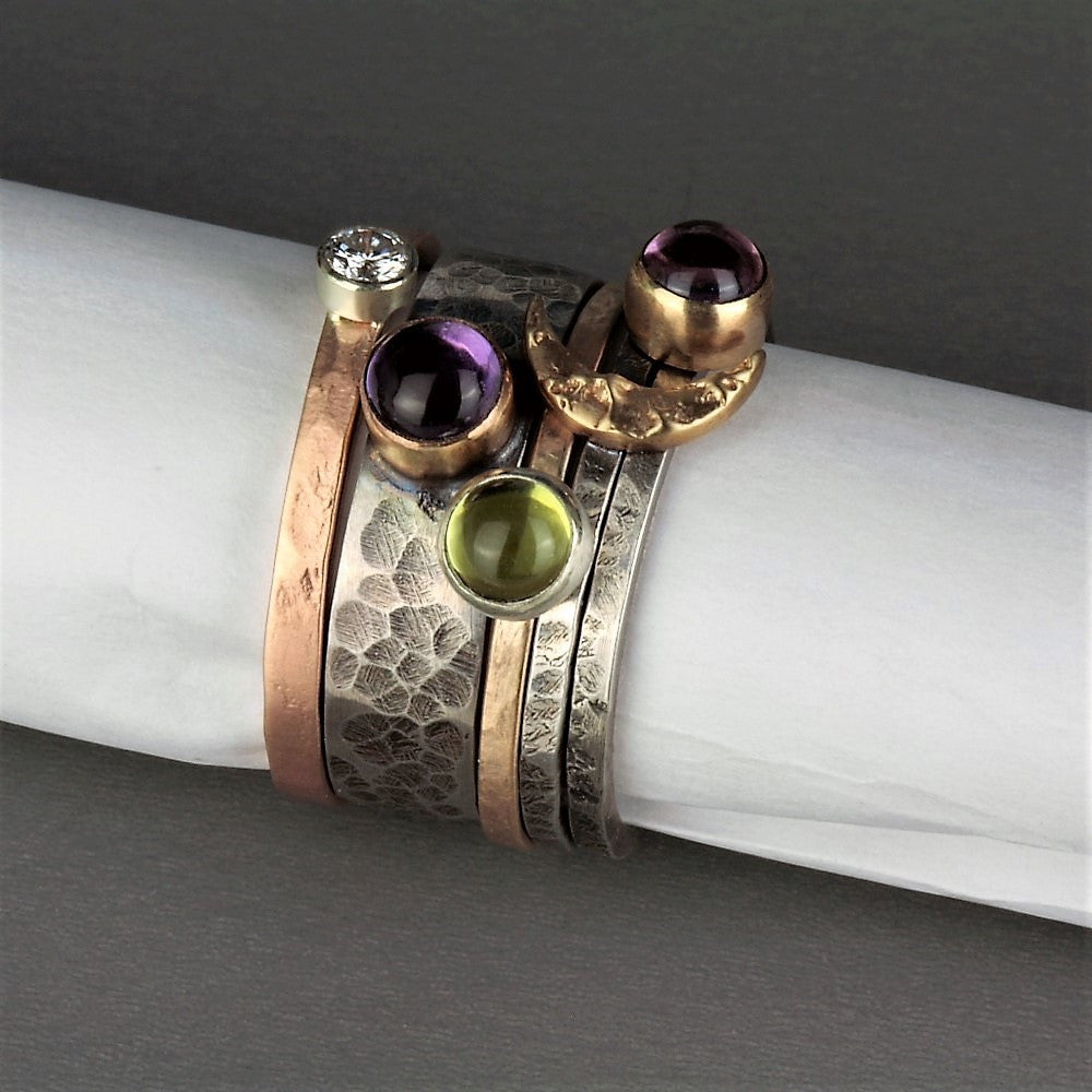 unusual diamond and gemstone gold stacking rings