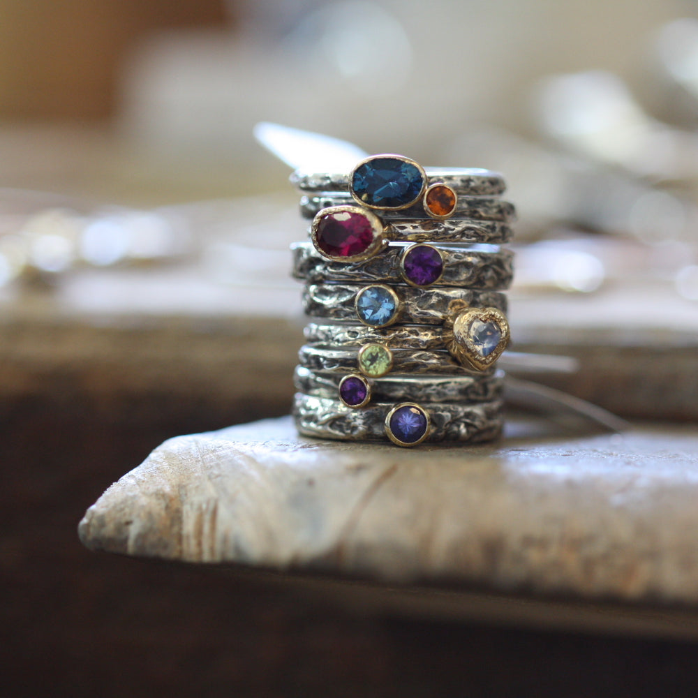 Mixed metal artisan gemstone stack rings