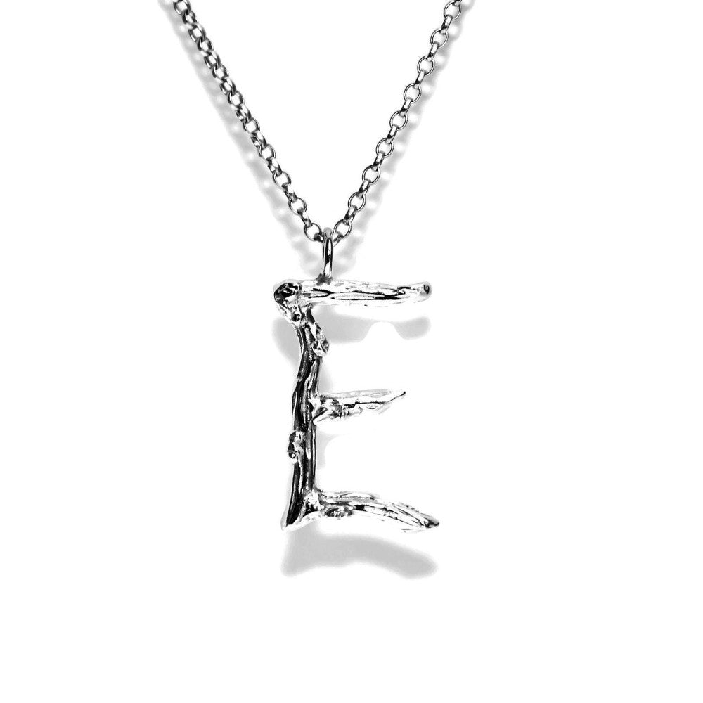  letter E twig initial long silver chain monogram necklace