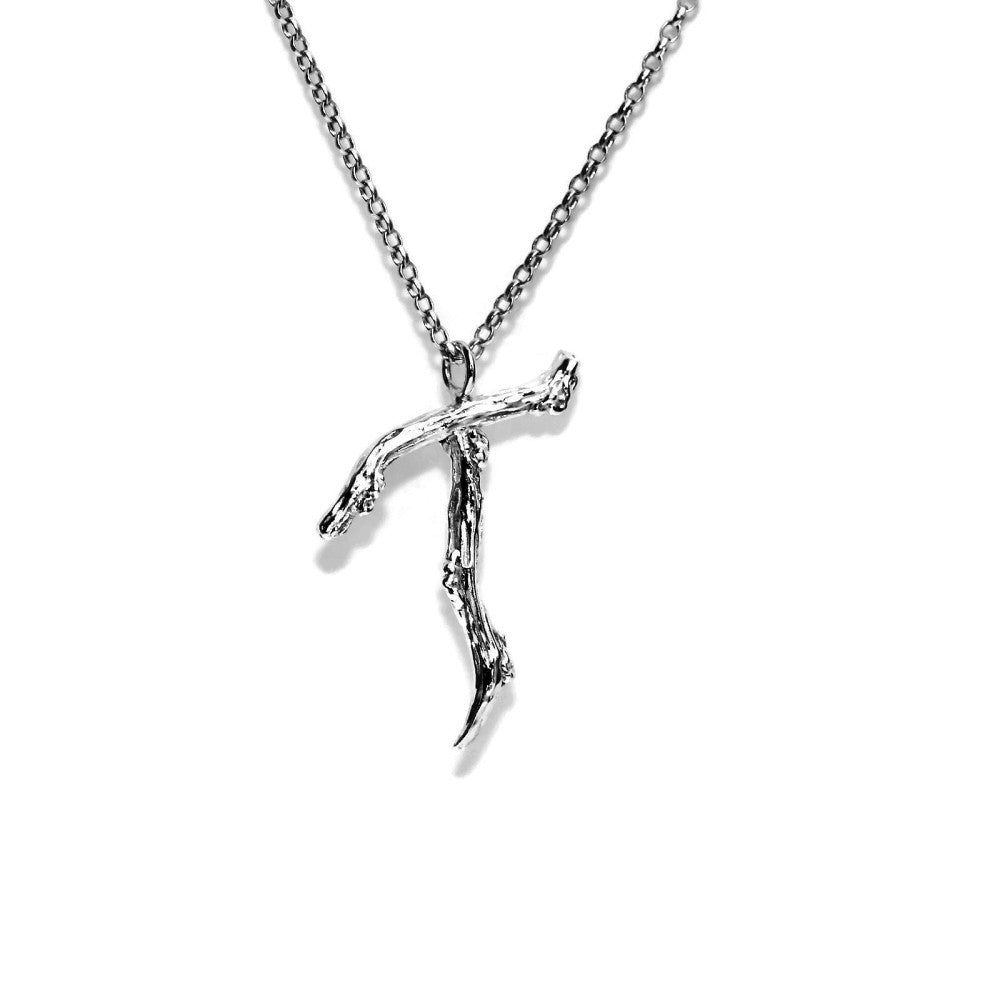  letter T twig initial long silver chain monogram necklace