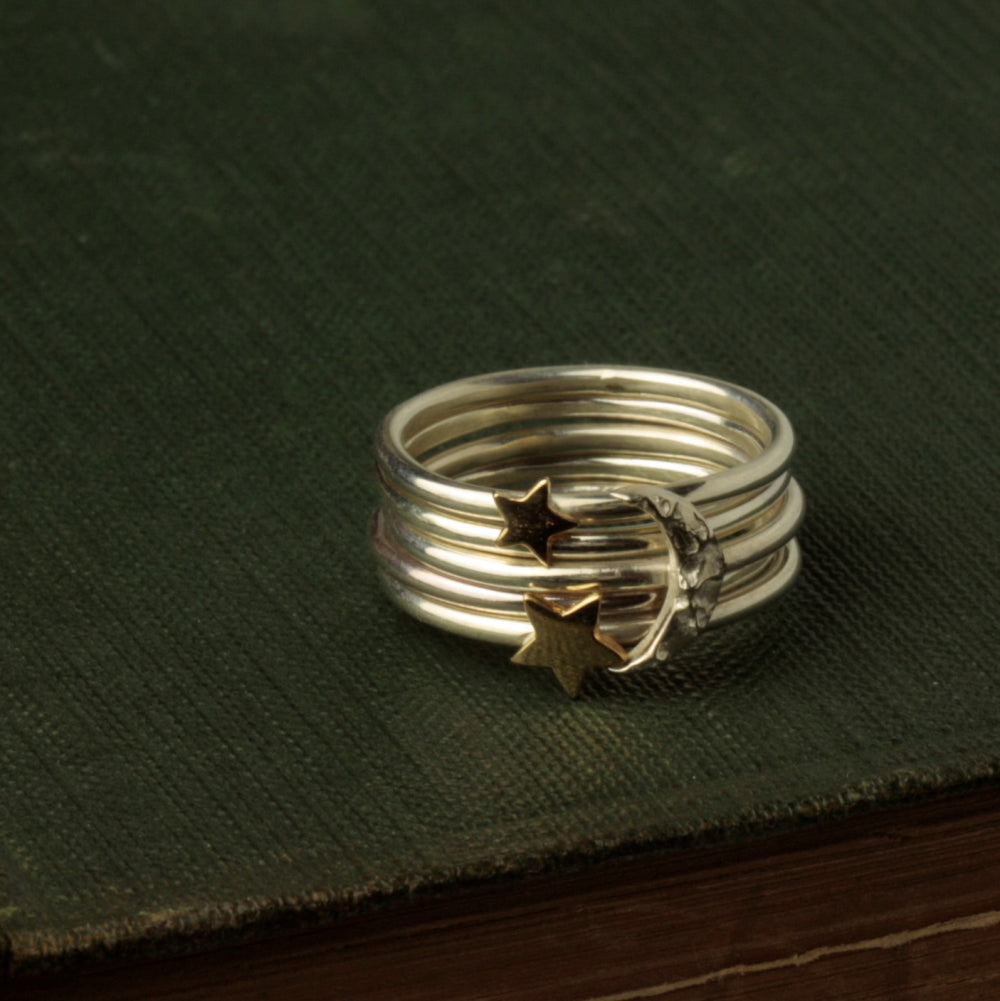 gold star and silver moon handmade Luna stacking ring
