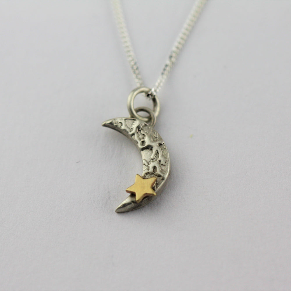 Luna textured moon and 9ct gold star necklace 