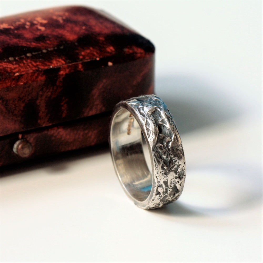 unique designer textured wide silver oxidized mans ring 