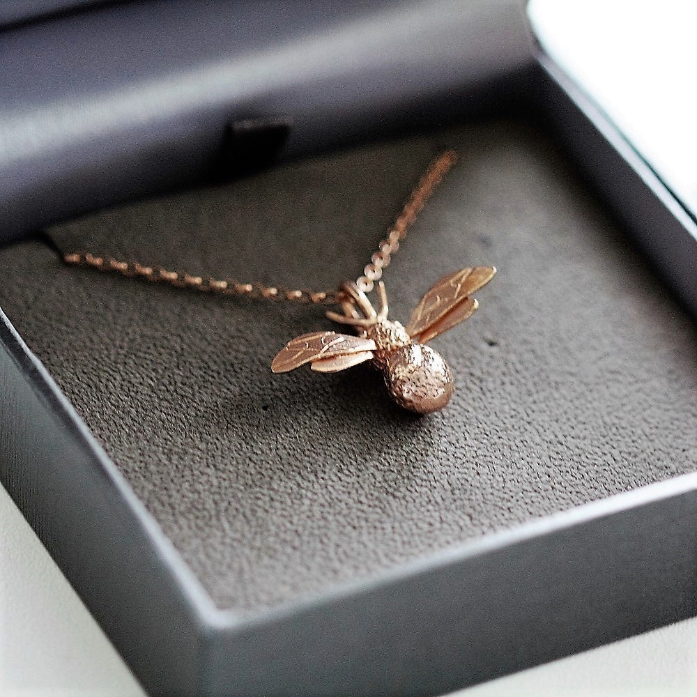 handcrafted deep textured rose gold bee necklace