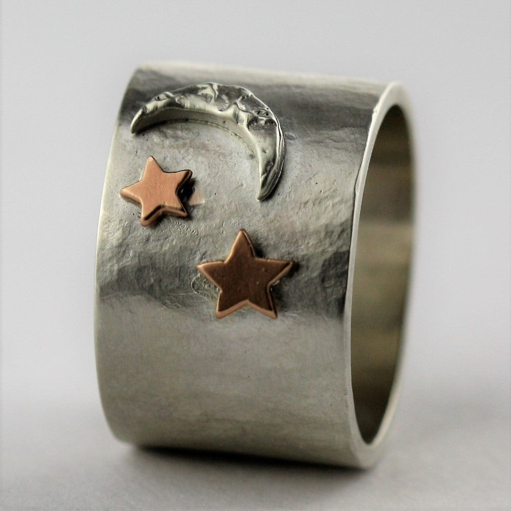 chunky sterling silver star and moon ring