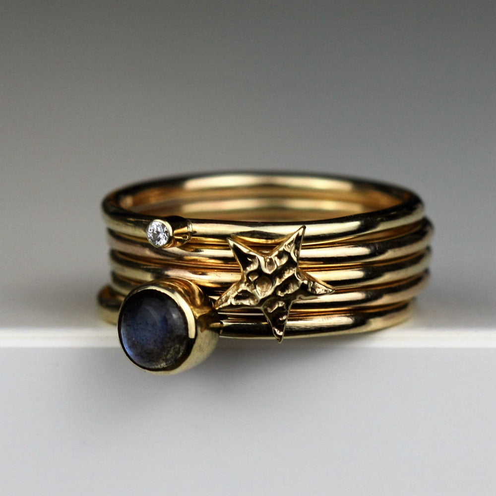 designer labradorite diamond and textured gold stacking ring
