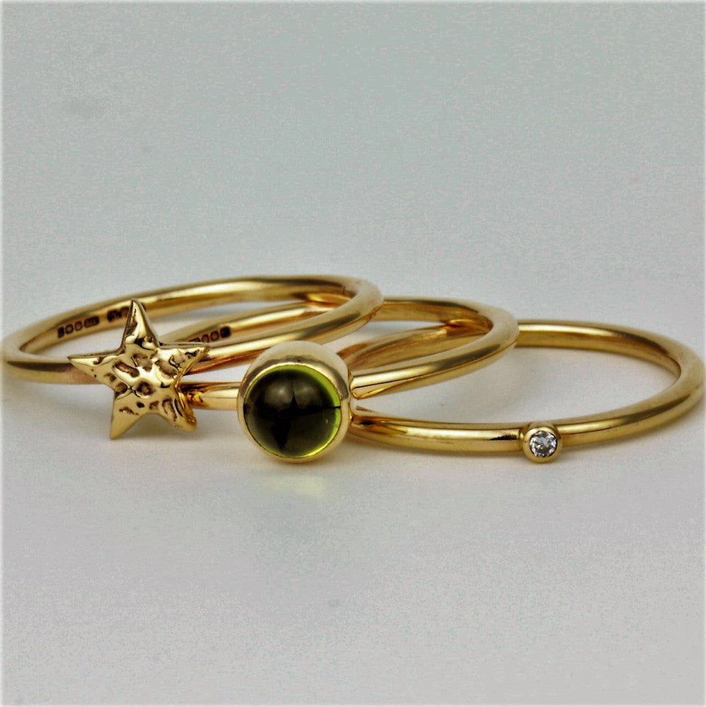  Peridot, diamond and gold star handmade stacking rings