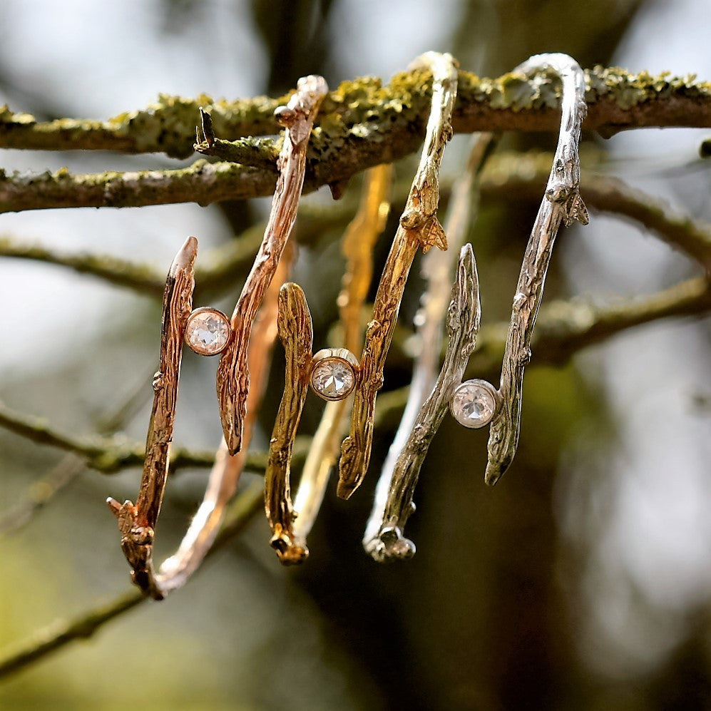 Twig branch bangles in rose gold, yellow gold and silver 