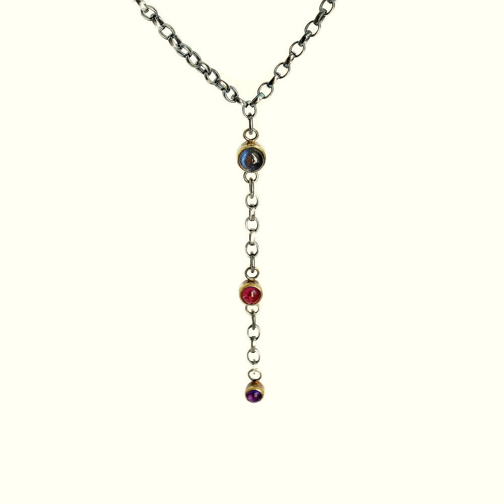 Labradorite, Pink Tourmaline and Amethyst silver and gold Y Blossom necklace
