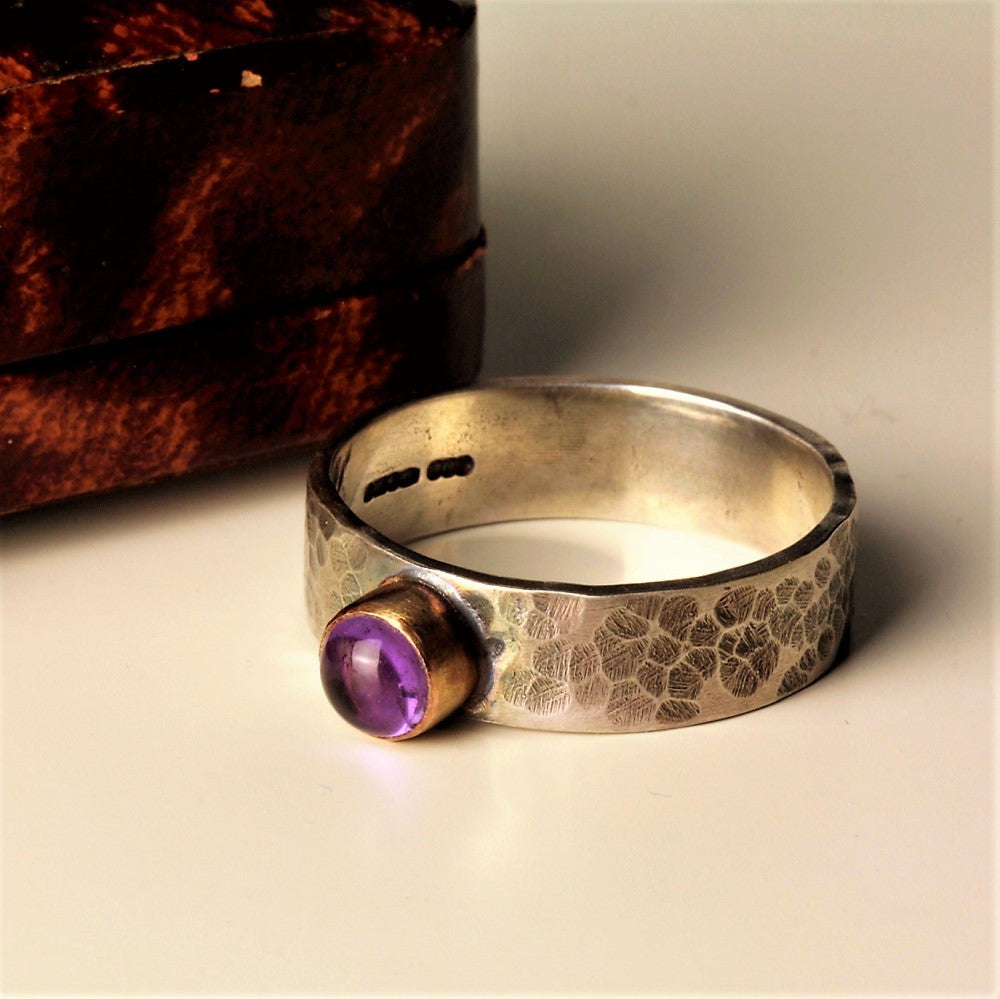 Wide Amethyst blossom silver and gold hammered ring