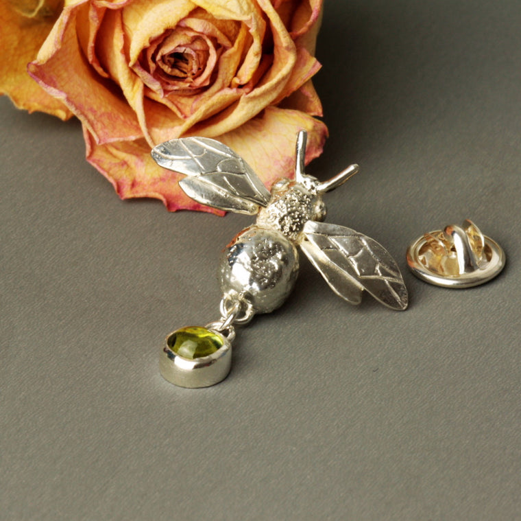 Peridot August birthstone handmade Silver bumblebee brooch pin
