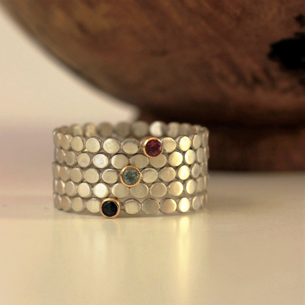 Handmade teeny birthstone silver and gold stacking rings