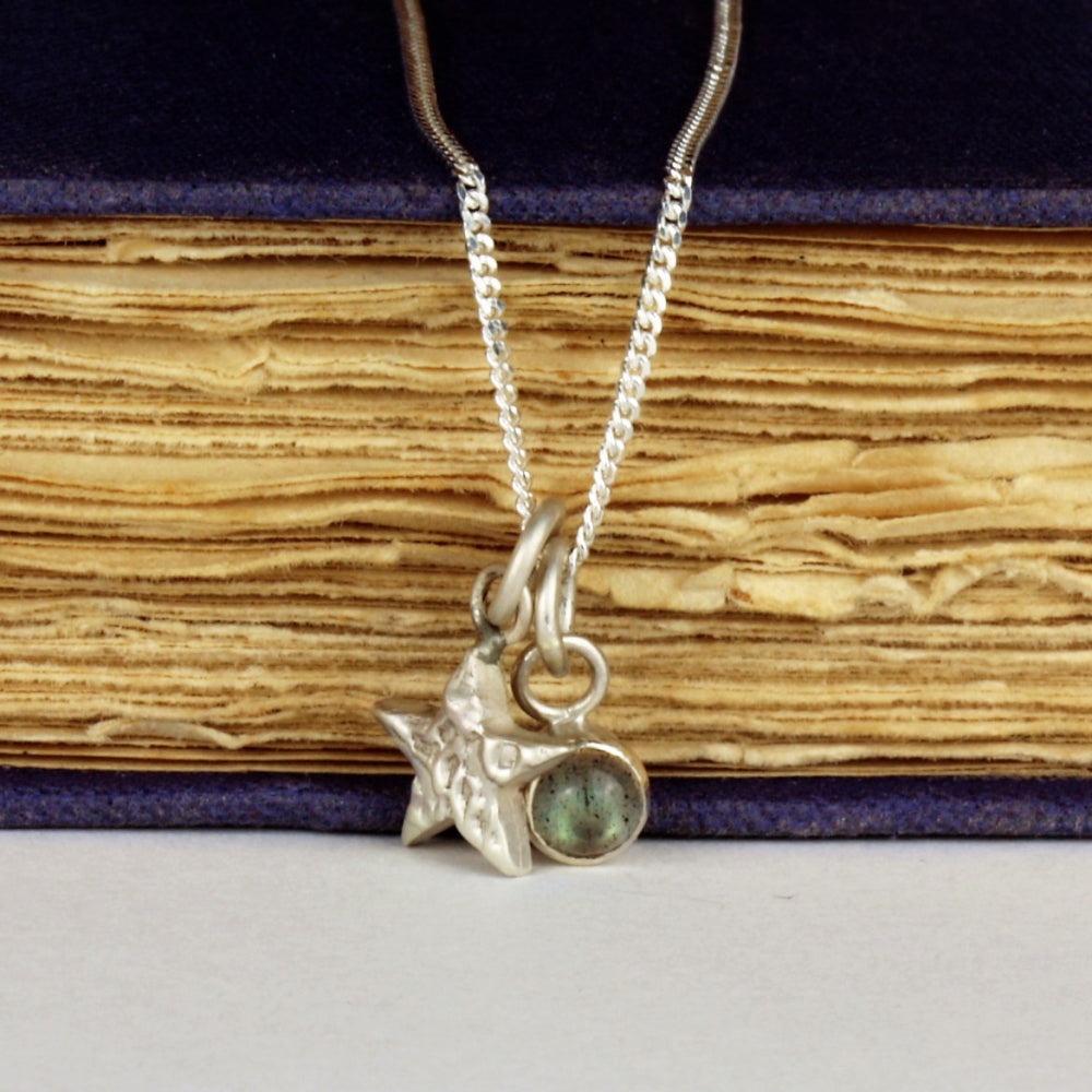 Dainty silver moon and 4 mm Labradorite gemstone necklace