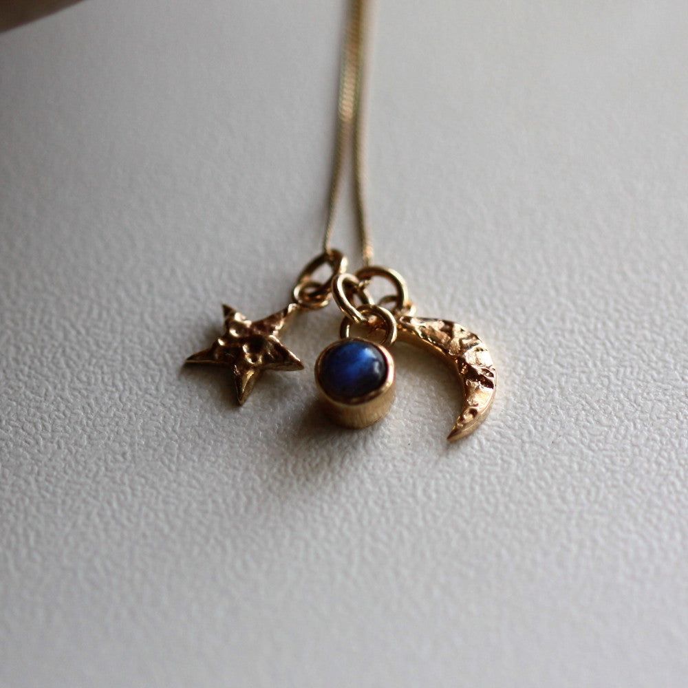 Solid gold star moon and labradorite universe charm necklace