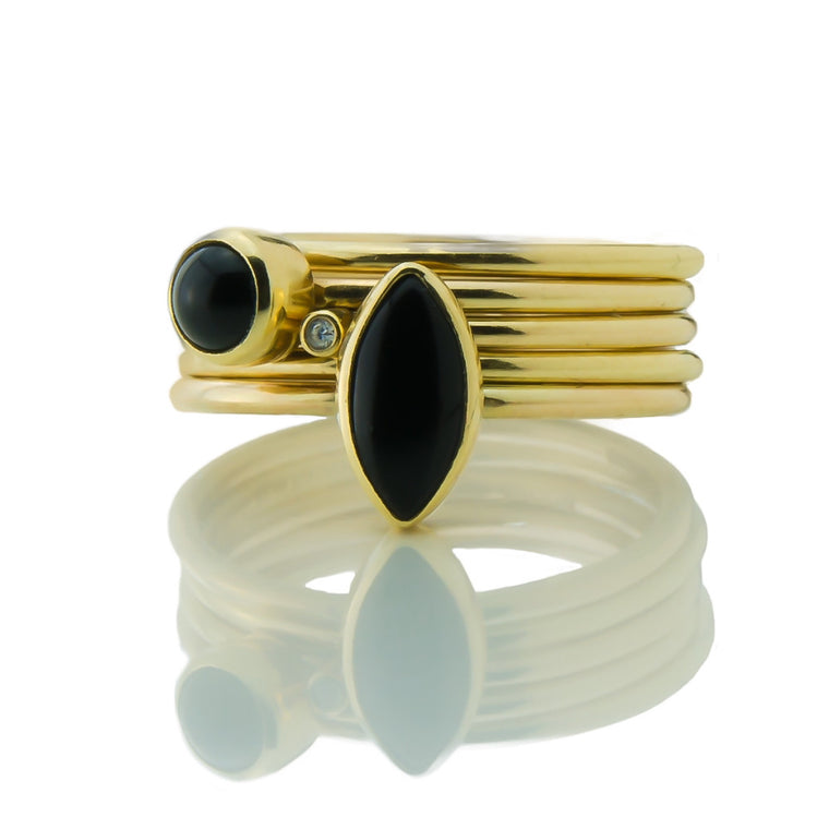 black and gold wild flower onyx and diamond stacking rings