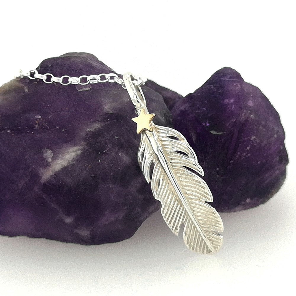 sterling silver feather and gold star necklace