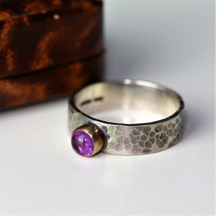 Silver hammered wide band Amethyst gemstone gold blossom ring