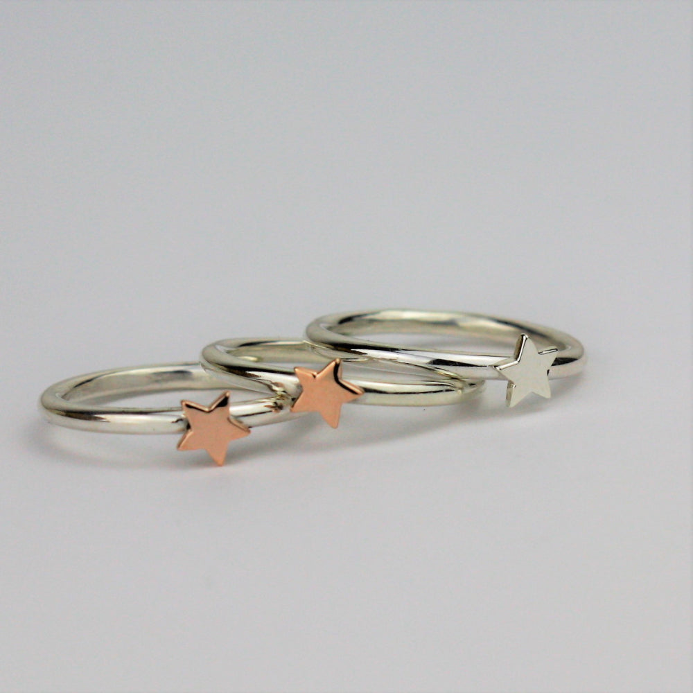 Rose gold star ring , yellow gold star ring and silver star ring