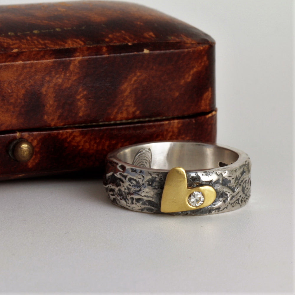 Gold Rustic Heart and Diamond Silver Ring 