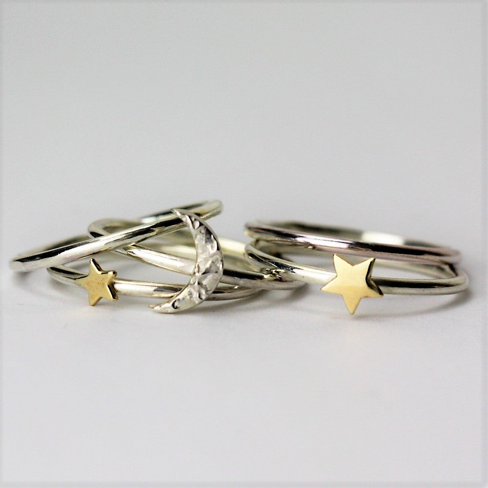 Sterling silver moon ad gold star sackable rings