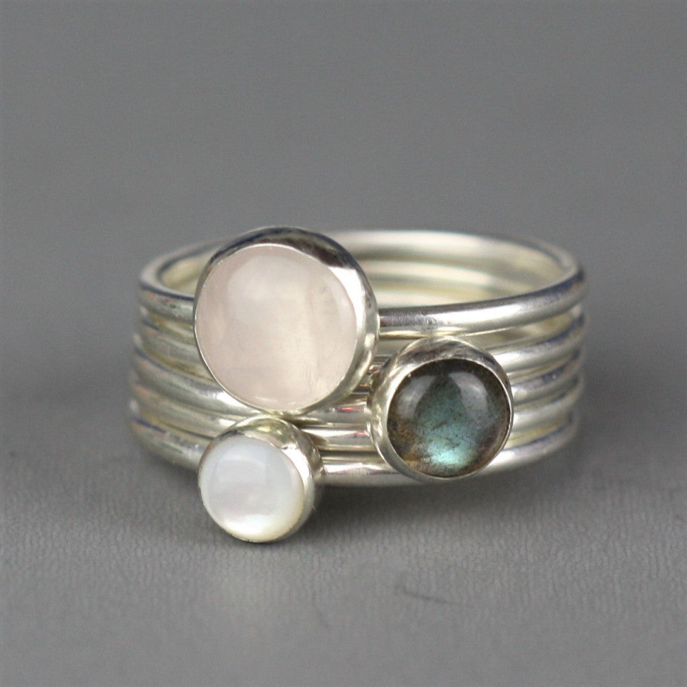 Rose Quartz, Labradorite and Mother of Pearl Silver Stacking rings