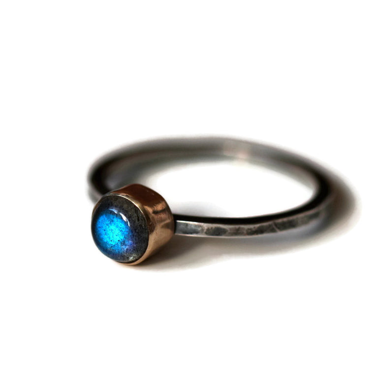 Labradorite silver and gold blossom hammered blossom ring