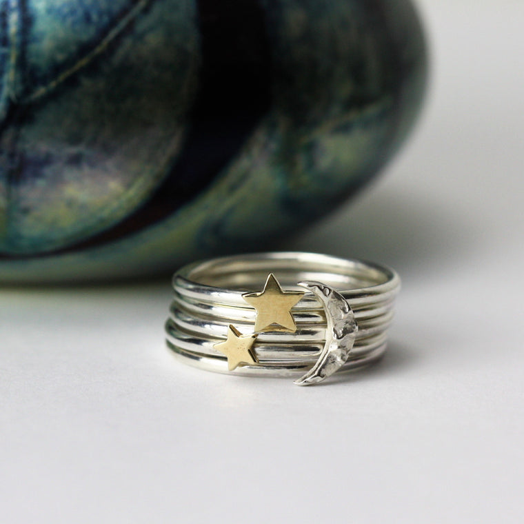 Sterling Silver Moon and Star Stacking Ring