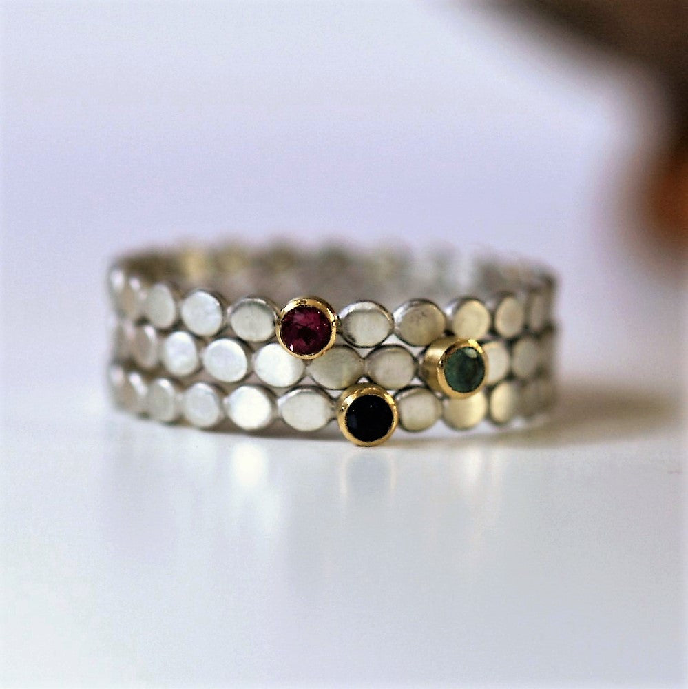 unusual stackable gemstone silver and gold rings