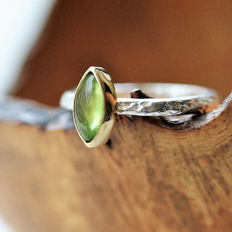 handmade designer green peridot marquise gemstone silver & gold ring